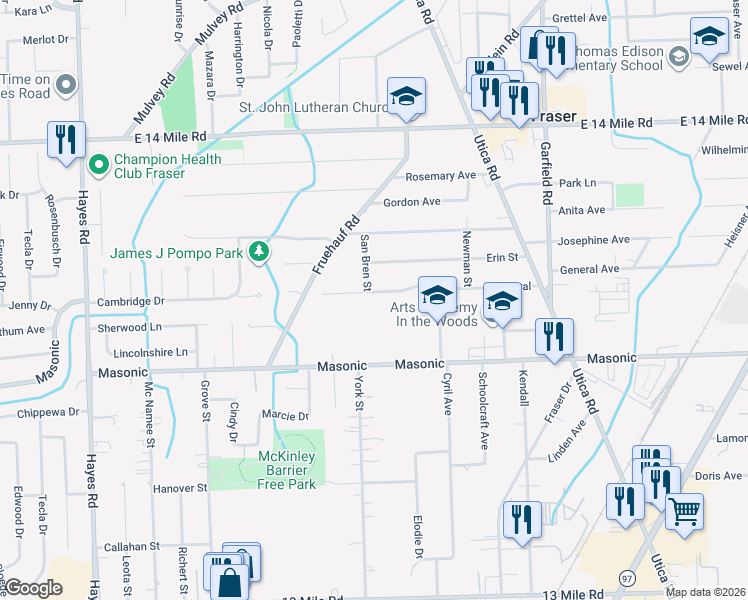 map of restaurants, bars, coffee shops, grocery stores, and more near 16175 Admiral in Fraser