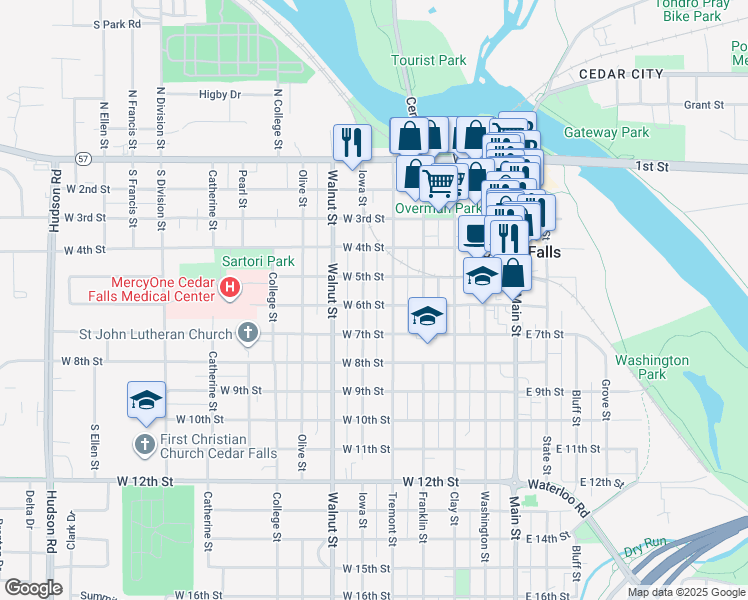 map of restaurants, bars, coffee shops, grocery stores, and more near 515 West 6th Street in Cedar Falls