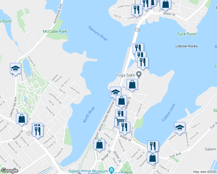 map of restaurants, bars, coffee shops, grocery stores, and more near 40 March Street in Salem