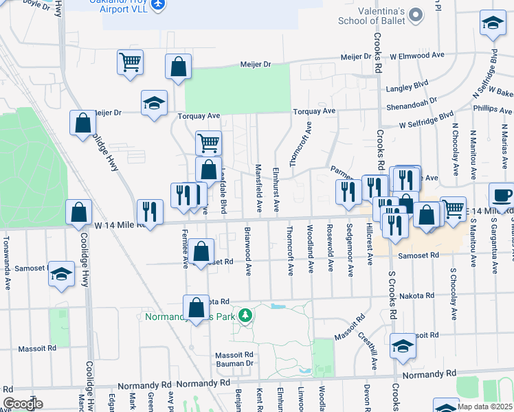 map of restaurants, bars, coffee shops, grocery stores, and more near 4834 Mansfield Avenue in Royal Oak