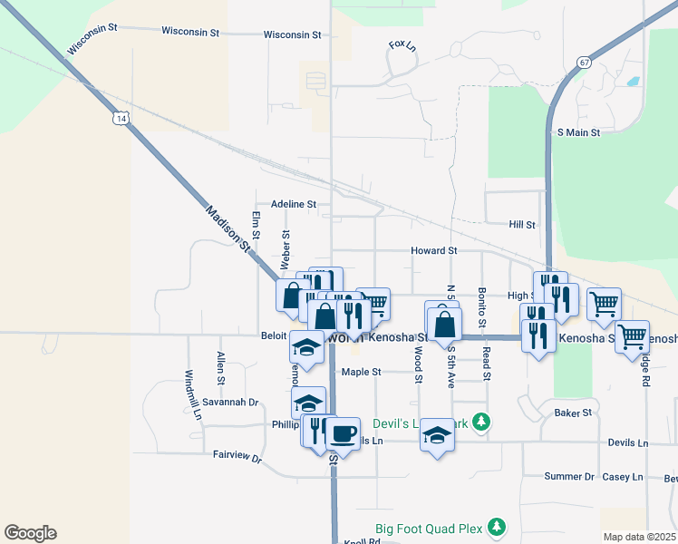 map of restaurants, bars, coffee shops, grocery stores, and more near 278 North Main Street in Walworth