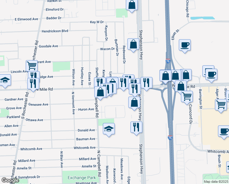 map of restaurants, bars, coffee shops, grocery stores, and more near 1401 West 14 Mile Road in Madison Heights