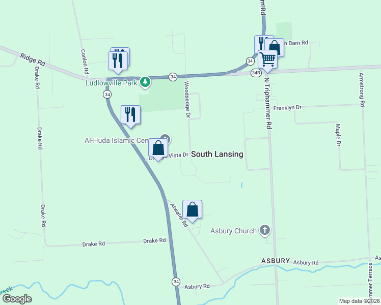 map of restaurants, bars, coffee shops, grocery stores, and more near 299 Woodsedge Dr in Lansing