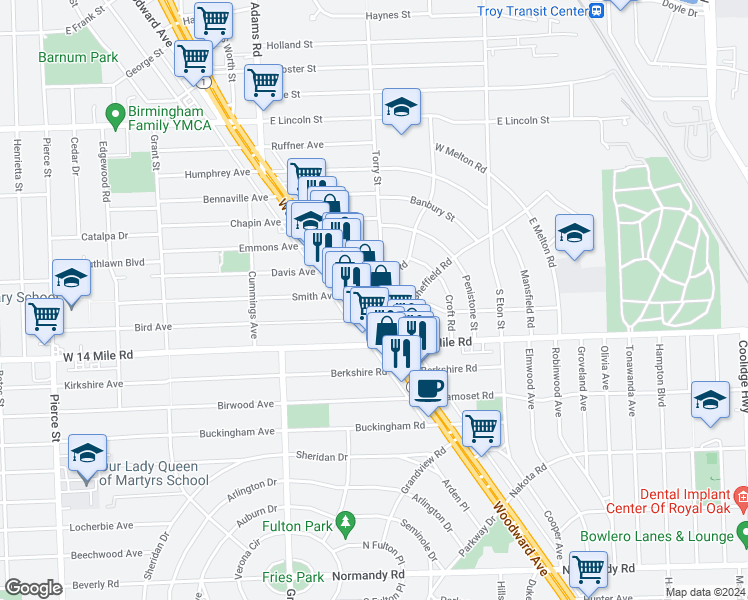 map of restaurants, bars, coffee shops, grocery stores, and more near 1773 Taunton Road in Birmingham