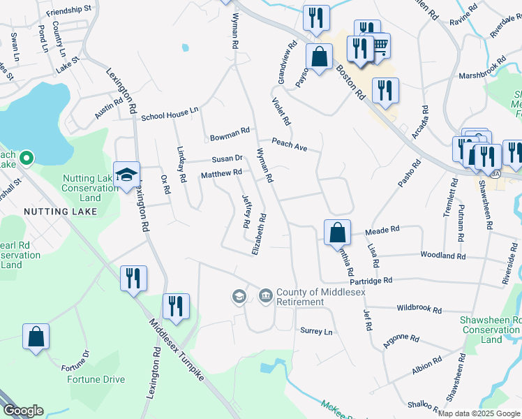map of restaurants, bars, coffee shops, grocery stores, and more near 10 Jeffrey Road in Billerica