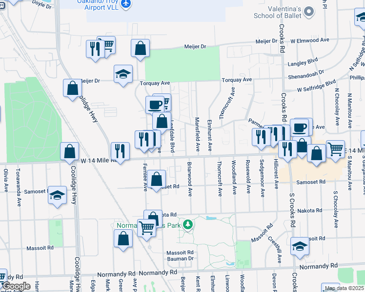 map of restaurants, bars, coffee shops, grocery stores, and more near 4839 Briarwood Avenue in Royal Oak