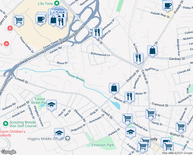 map of restaurants, bars, coffee shops, grocery stores, and more near 20 Jill's Way in Peabody