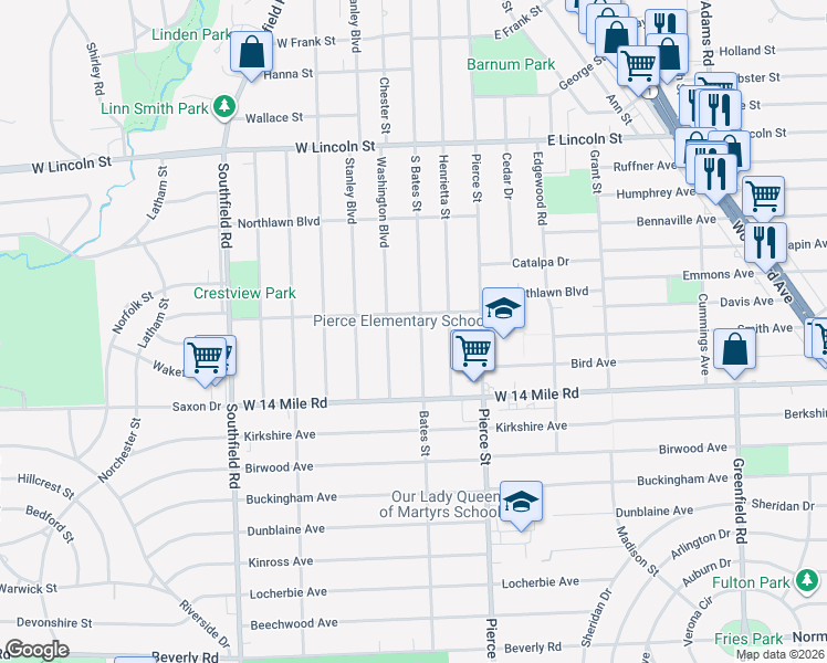 map of restaurants, bars, coffee shops, grocery stores, and more near 1698 South Bates Street in Birmingham