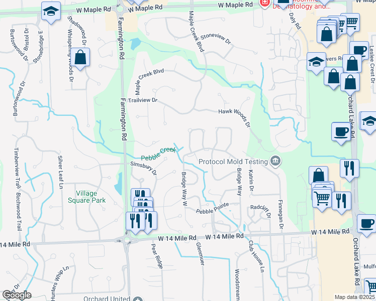 map of restaurants, bars, coffee shops, grocery stores, and more near 6973 Pebble Creek Woods Drive in West Bloomfield Township