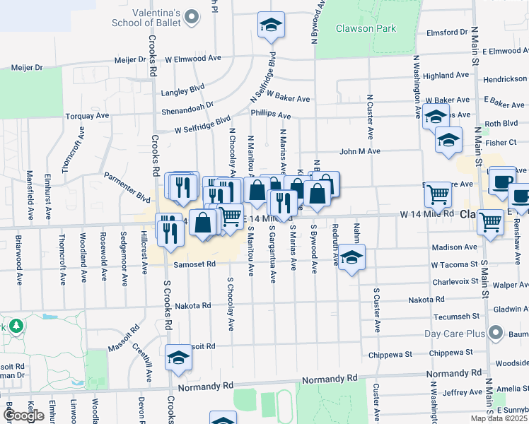 map of restaurants, bars, coffee shops, grocery stores, and more near 935 Broadacre Avenue in Clawson