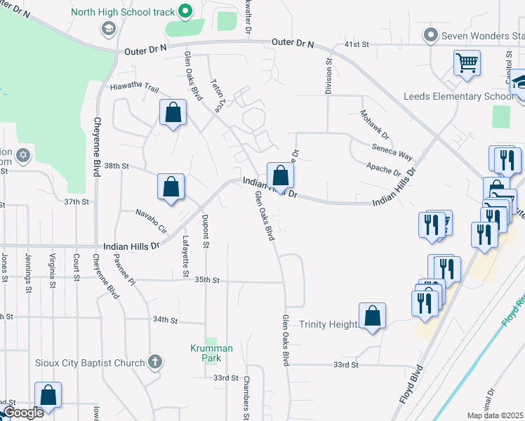 map of restaurants, bars, coffee shops, grocery stores, and more near 3632 Glen Oaks Boulevard in Sioux City