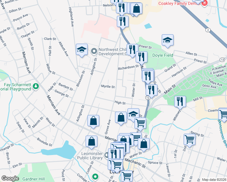 map of restaurants, bars, coffee shops, grocery stores, and more near 28 Myrtle Street in Leominster