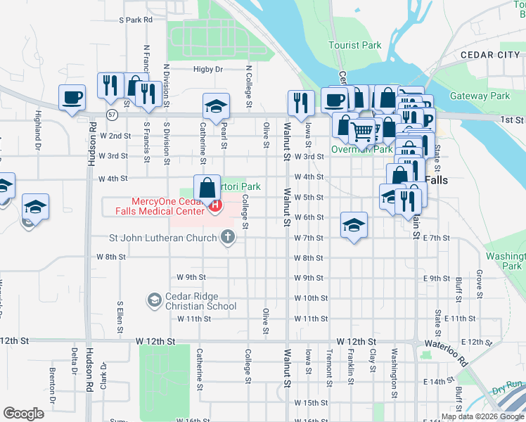 map of restaurants, bars, coffee shops, grocery stores, and more near 816 West 5th Street in Cedar Falls