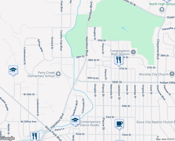 map of restaurants, bars, coffee shops, grocery stores, and more near 301-399 37th Street Place in Sioux City
