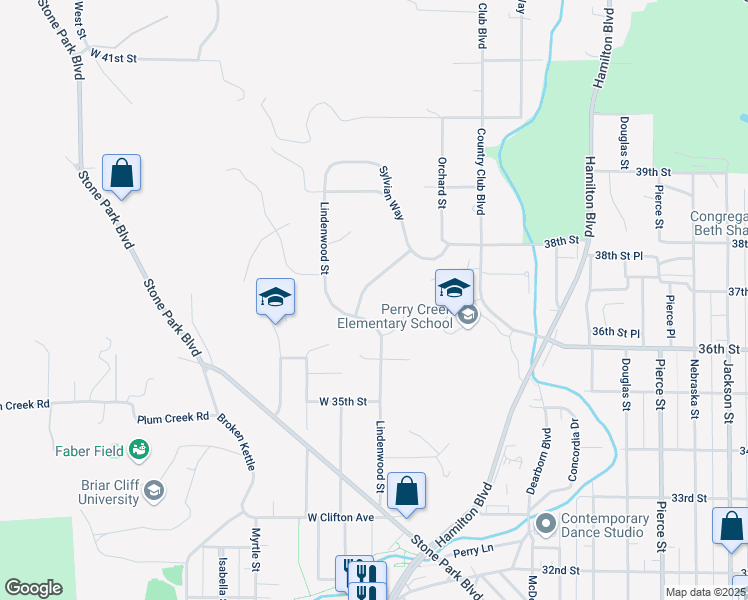 map of restaurants, bars, coffee shops, grocery stores, and more near 3714 Maplewood Street in Sioux City