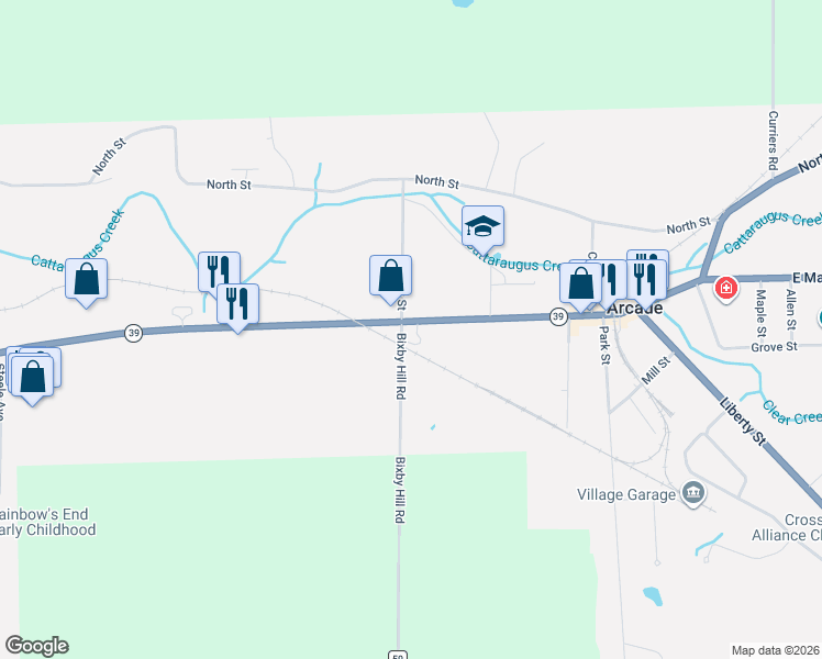 map of restaurants, bars, coffee shops, grocery stores, and more near 454 West Main Street in Arcade