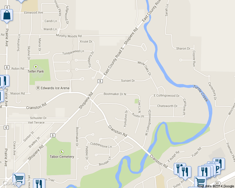 map of restaurants, bars, coffee shops, grocery stores, and more near 2517 Bootmaker Drive North in Beloit