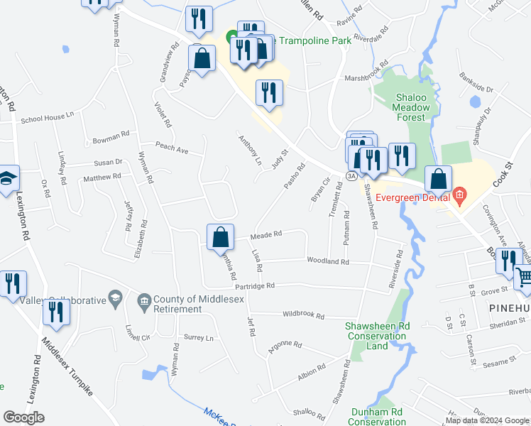 map of restaurants, bars, coffee shops, grocery stores, and more near 23 Pasho Road in Billerica