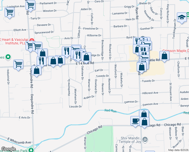 map of restaurants, bars, coffee shops, grocery stores, and more near 3014 Earl Drive in Warren