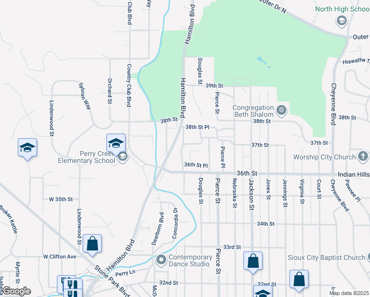map of restaurants, bars, coffee shops, grocery stores, and more near 301-399 37th Street Place in Sioux City