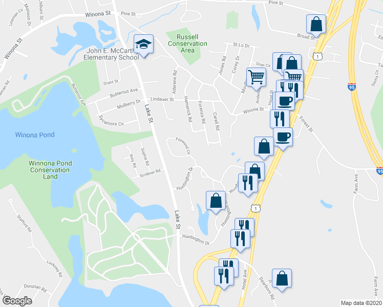 map of restaurants, bars, coffee shops, grocery stores, and more near 1103 Foxwood Circle in Peabody