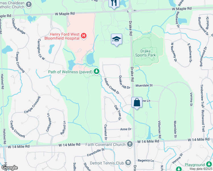 map of restaurants, bars, coffee shops, grocery stores, and more near 7075 Indian Creek Drive in West Bloomfield Township