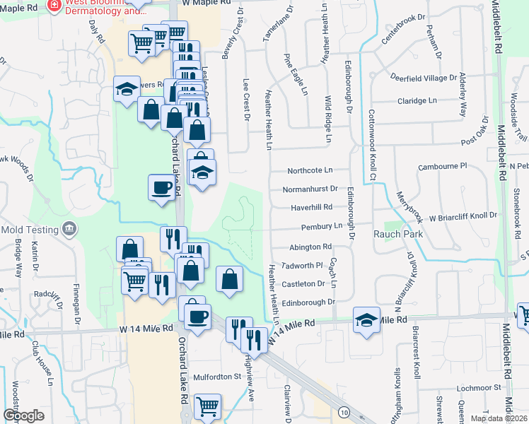 map of restaurants, bars, coffee shops, grocery stores, and more near 7166 Heather Heath in West Bloomfield Township