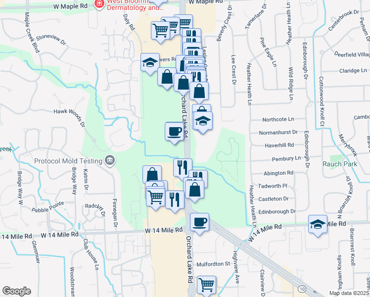 map of restaurants, bars, coffee shops, grocery stores, and more near 7104 Orchard Lake Road in West Bloomfield Township