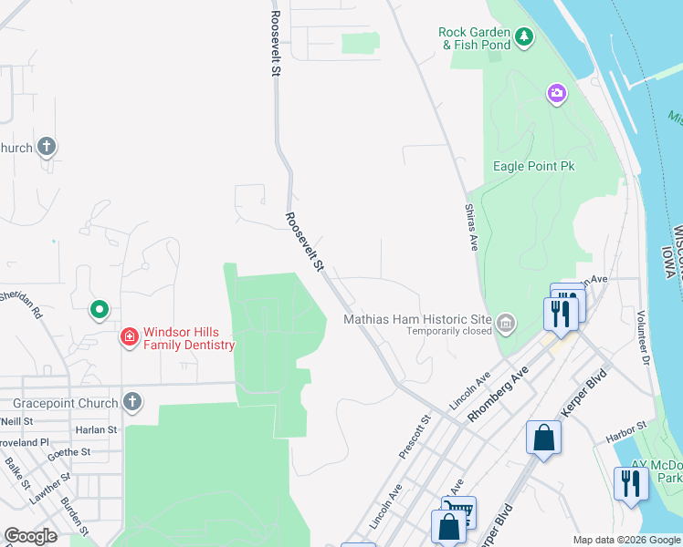 map of restaurants, bars, coffee shops, grocery stores, and more near 2015 Jansen Street in Dubuque