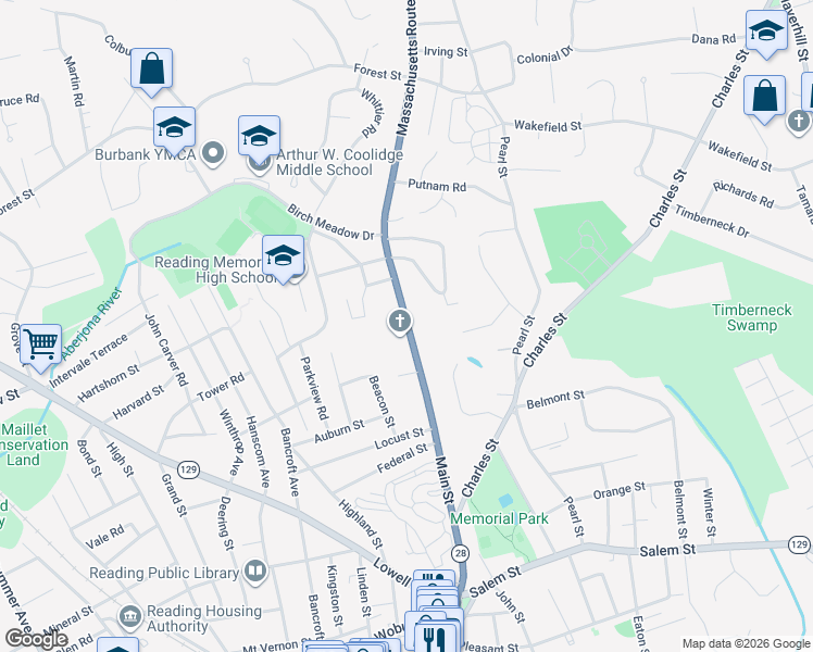 map of restaurants, bars, coffee shops, grocery stores, and more near 917 Main Street in Reading