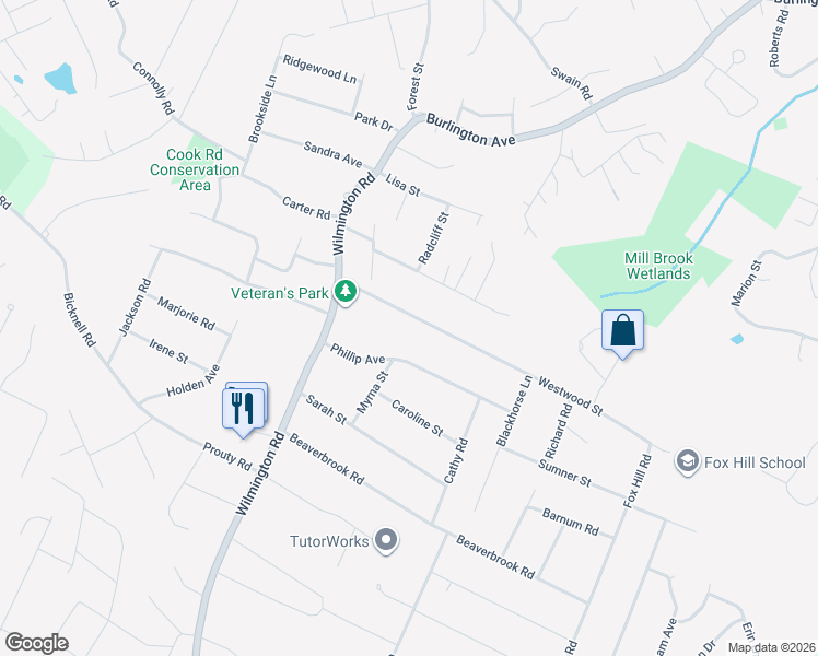 map of restaurants, bars, coffee shops, grocery stores, and more near 9 Westwood Street in Burlington