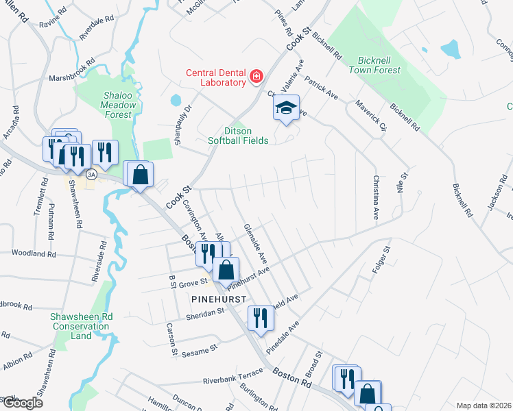 map of restaurants, bars, coffee shops, grocery stores, and more near 18 Ridgeway Avenue in Billerica