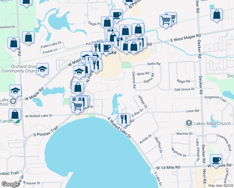 map of restaurants, bars, coffee shops, grocery stores, and more near 607 Winwood Circle in Walled Lake