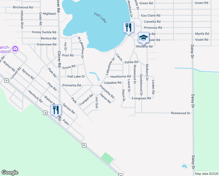 map of restaurants, bars, coffee shops, grocery stores, and more near 1136 Celadine Road in Genoa City