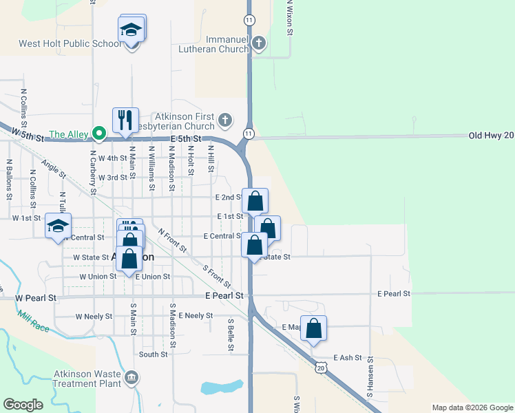 map of restaurants, bars, coffee shops, grocery stores, and more near 375-399 North Hyde Street in Atkinson