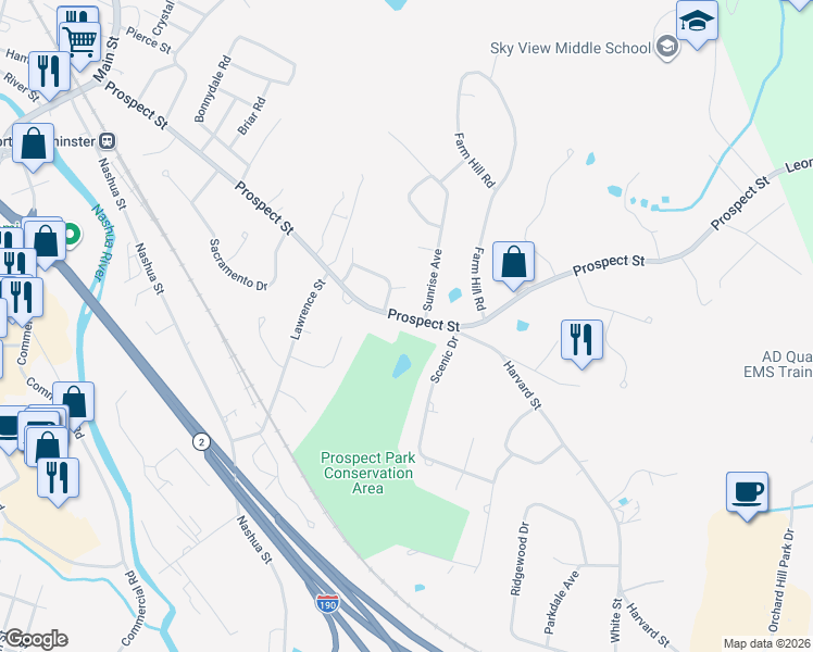 map of restaurants, bars, coffee shops, grocery stores, and more near 8 Sunrise Avenue in Leominster