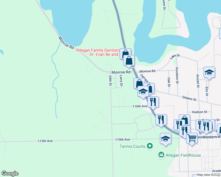 map of restaurants, bars, coffee shops, grocery stores, and more near 1582 34th Street in Allegan