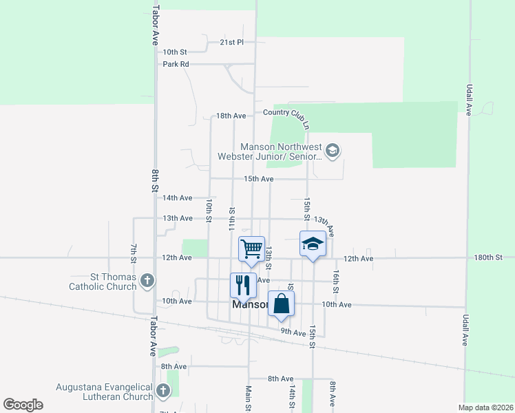map of restaurants, bars, coffee shops, grocery stores, and more near 1402 Main Street in Manson