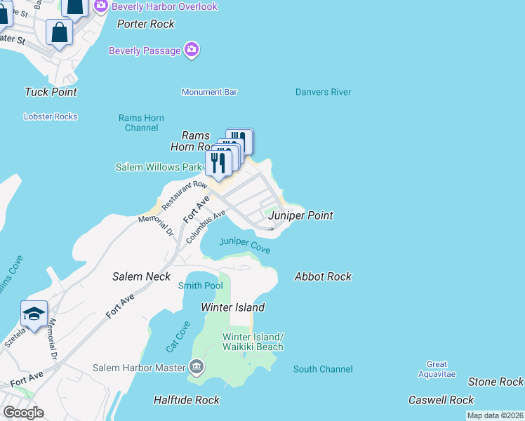 map of restaurants, bars, coffee shops, grocery stores, and more near 116 Columbus Avenue in Salem