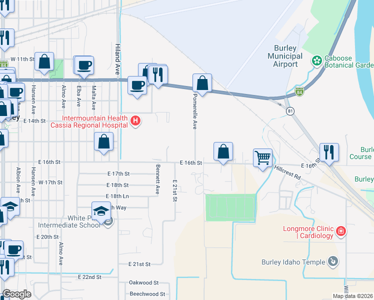 map of restaurants, bars, coffee shops, grocery stores, and more near 1510 Pomerelle Avenue in Burley