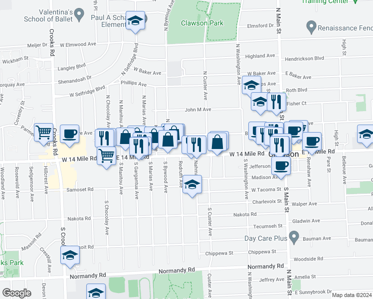 map of restaurants, bars, coffee shops, grocery stores, and more near 540 West 14 Mile Road in Clawson