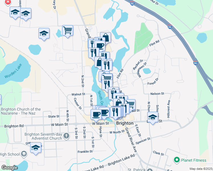 map of restaurants, bars, coffee shops, grocery stores, and more near 560 West Grand River Road in Brighton