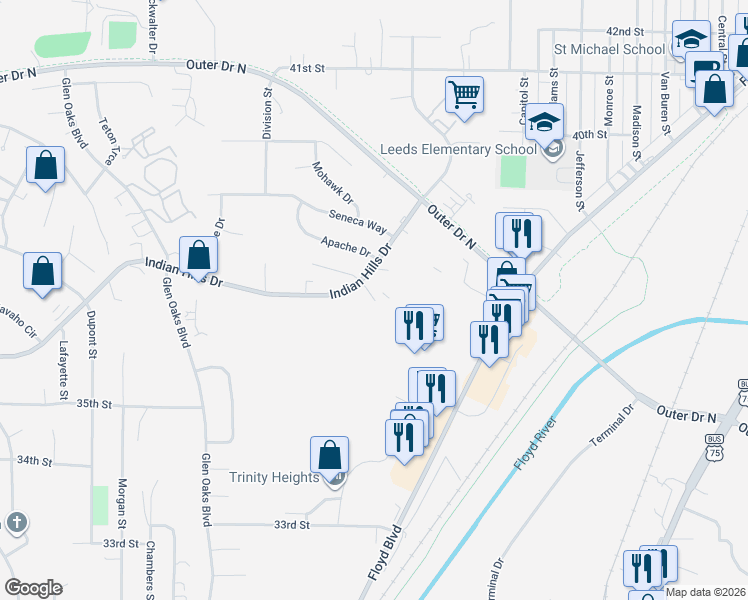 map of restaurants, bars, coffee shops, grocery stores, and more near 2698 Apache Ct in Sioux City