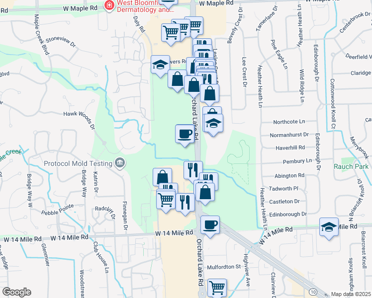 map of restaurants, bars, coffee shops, grocery stores, and more near 7104 Orchard Lake Road in West Bloomfield Township