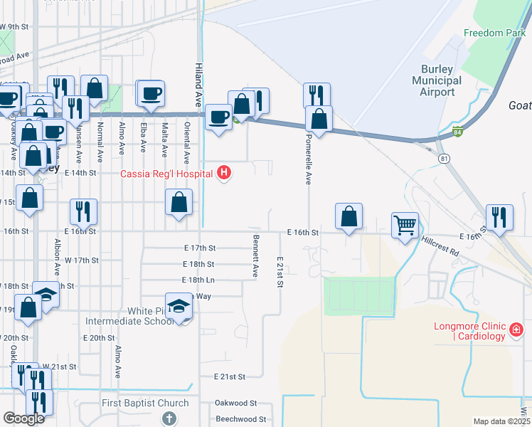 map of restaurants, bars, coffee shops, grocery stores, and more near 1220 East 16th Street in Burley
