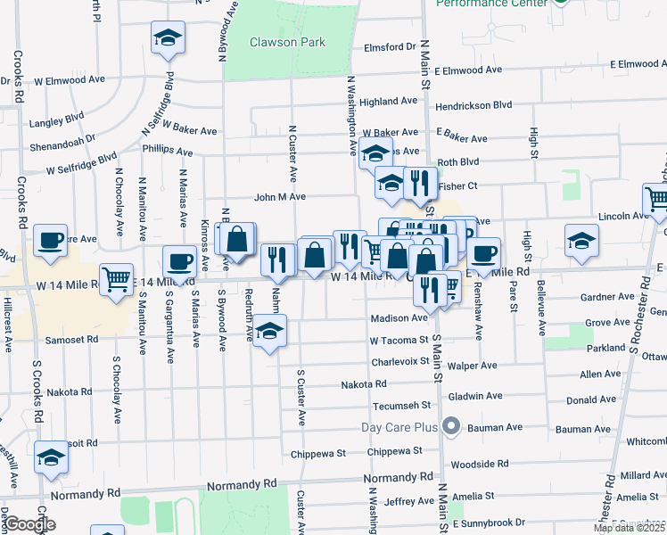 map of restaurants, bars, coffee shops, grocery stores, and more near 266 West 14 Mile Road in Clawson