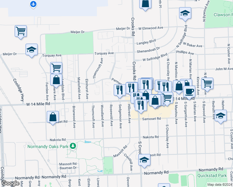 map of restaurants, bars, coffee shops, grocery stores, and more near 4824 Woodland Avenue in Royal Oak