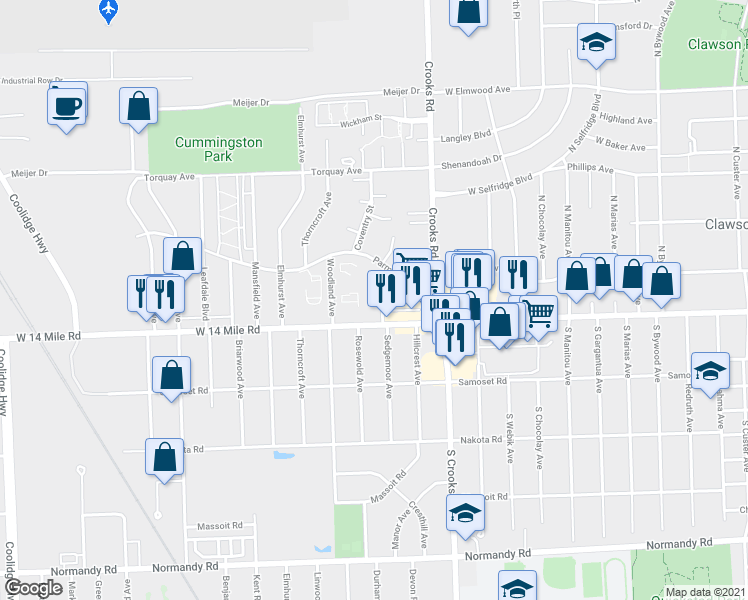 map of restaurants, bars, coffee shops, grocery stores, and more near 4824 Woodland Avenue in Royal Oak