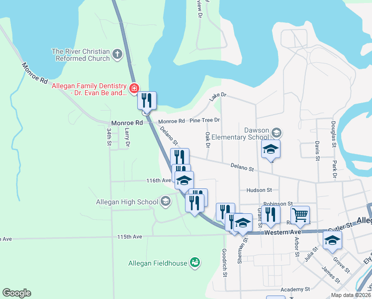 map of restaurants, bars, coffee shops, grocery stores, and more near 3329 Delano Street in Allegan