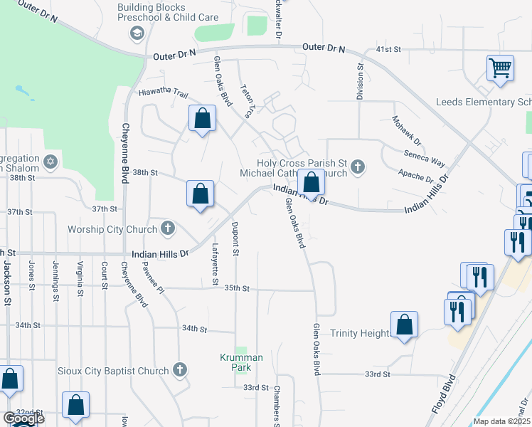 map of restaurants, bars, coffee shops, grocery stores, and more near 1800 Indian Hills Drive in Sioux City